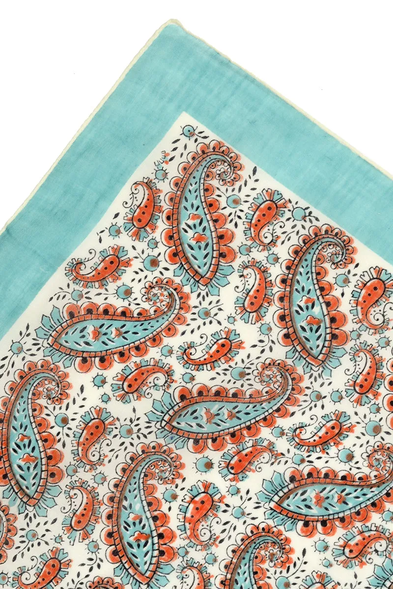 1970s Teal & Orange Paisley Cotton Scarf or Bandana