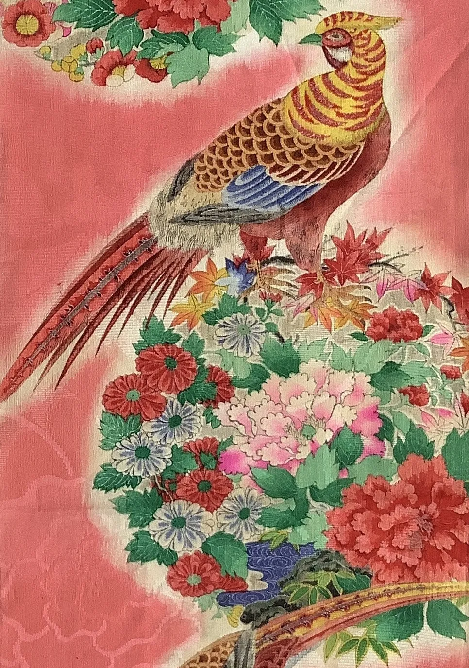 7441:1930s-40s Japanese Vintage Kimono Silk Fabric,AraiHari,53in.Piece,Pheasants