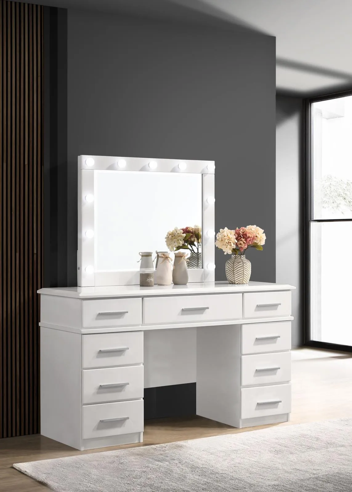 Felicity 9 drawer Vanity Desk with Lighted Mirror Glossy White