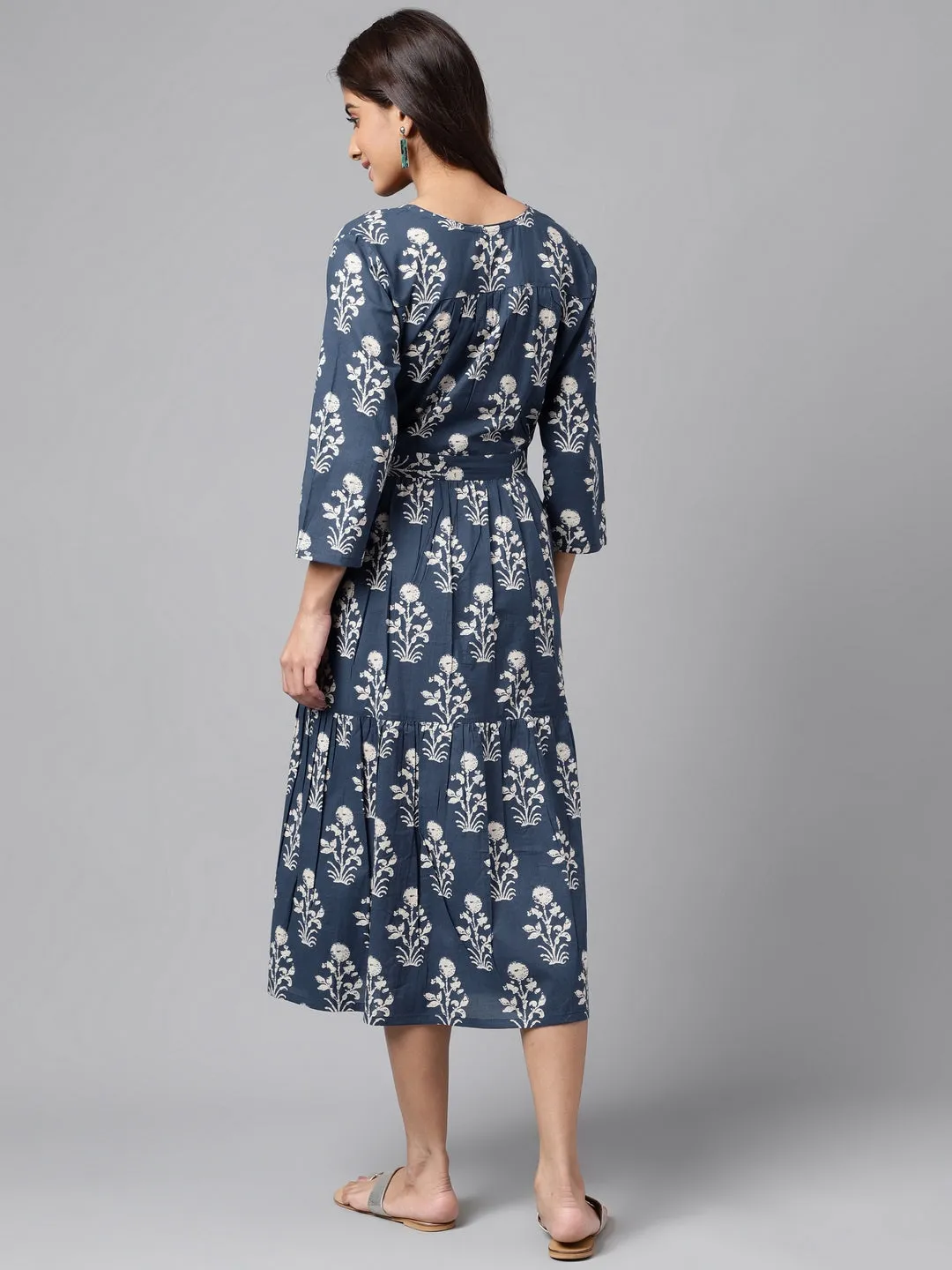 Navy Blue Cotton Floral Printed Casual Wrap Dress