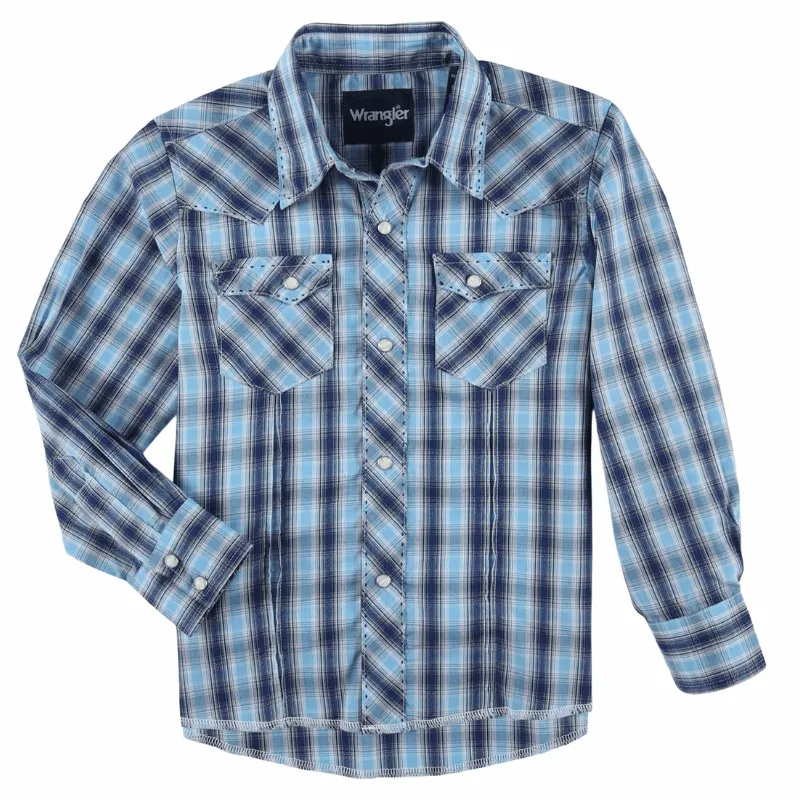 Wrangler Boy’s Fashion Long Sleeve Berry Blue Long Sleeve Western Snap Plaid Shirt 112324658